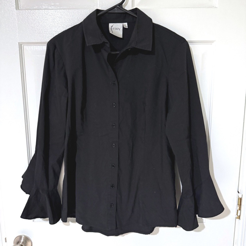 Finley Black Cotton Ruffle Bell Sleeve Button Down Shirt Small Made in USA